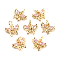 Pink Настоящие 18 k позолоченные латунные подвески из микропаве из циркония, без кадмия, без никеля и без свинца, бабочка, розовые, 10.5x13.5x2.5 мм, Перейти кольцо: 5x1 мм, внутренний диаметр: 3.5 мм