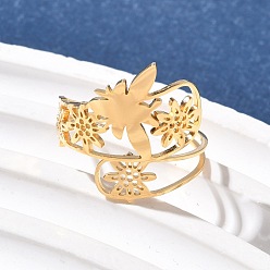 Настоящее золото 18K 304 регулируемые манжетные кольца из нержавеющей стали, пчела и цветок, реальный 18 k позолоченный, 21.5 мм, размер США 8 1/2 (18.5 мм)