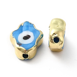 Deep Sky Blue Handmade Evil Eye Lampwork Beads, with Golden Plated  Brass Edge, Long-Lasting Plated, Hamsa Hand, Deep Sky Blue, 15~17x11.5~12.5x5~5.5mm, Hole: 1.8mm