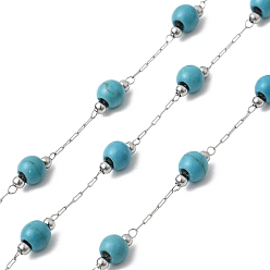 Нержавеющая Сталь Цвет Бусины из синтетической бирюзы ручной работы и 316 цепочки из круглого звена из нержавеющей стали, пайки, с катушкой, цвет нержавеющей стали, Коннекторы : 2x0.5x0.3 мм, около 16.40 футов (5 м) / рулон