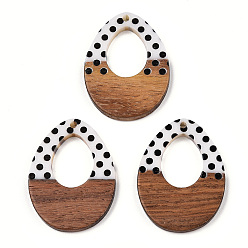 White Printed Opaque Resin & Walnut Wood Pendants, Hollow Teardrop Charm with Polka Dot Pattern, White, 37.5x28.5x3.5mm, Hole: 2mm