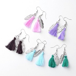 Mixed Color Cotton Thread Dangle Earrings, Tassel Earrings, with Tibetan Style Alloy Pendants, Feather, Mixed Color, 59mm, Pin: 0.7mm