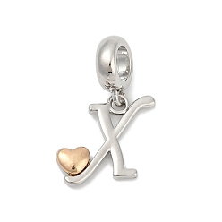 Letter X Латунные европейские подвески с подвесками, подвески в форме сердца с большими отверстиями, платиной и золотом, Письмо X, 25.5~30.5 мм, отверстие : 6 мм