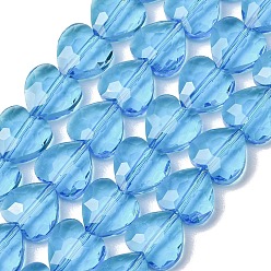 Deep Sky Blue Transparent Glass Beads Strands, Heart, Faceted, Deep Sky Blue, 10x10x4.5mm, Hole: 1mm, about 70pcs/strand, 25.83''(65.6cm)