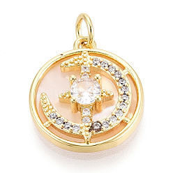 Настоящее золото 18K Латунные микропаве прозрачные подвески с фианитом, без кадмия и без свинца, с оболочкой, плоские круглые со звездой, с целью перехода в кольце, реальный 18 k позолоченный, 17.5x15.5x4.5 мм, отверстие : 3 мм