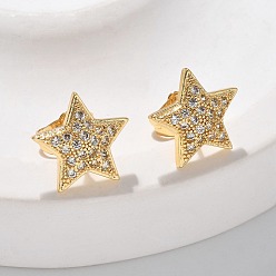 Звезда Серьги-гвоздики из латунного микро-паве, долговечный, реальный 18 k позолоченный, звезда, 12x12.5 мм