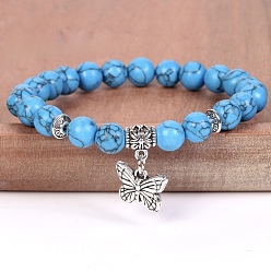 Synthetic Turquoise 8MM Round Dyed Synthetic Turquoise Beaded Stretch Bracelets with Alloy Butterfly Charms, Antique Silver, Deep Sky Blue, 7.48 inch(19cm)