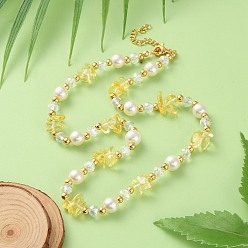 Желтый Ожерелья из бисера с желтой стеклянной крошкой, искусственным жемчугом и латунью для женщин, с золотистым оттенком 304 концевая цепь из нержавеющей стали, желтые, 16.54 дюйм (42 см)