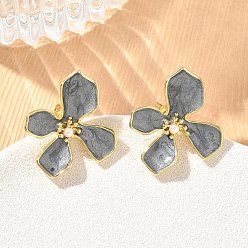 Gris Pendientes de botón de latón esmaltado para mujer, flor, con perlas de imitación de plástico abs, larga duración plateado, chapado en rack, sin plomo y el cadmio, dorado, gris, 20x18 mm
