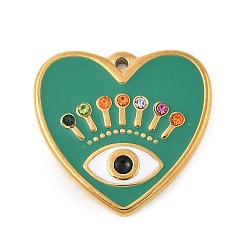 Морско-зеленый 304 нержавеющей стальной эмали подвески, со стразами, сердце с очаровательными глазами, реальный 18 k позолоченный, вакуумное покрытие pvd, цвета морской волны, 23x24x3 мм, отверстие : 1.4 мм