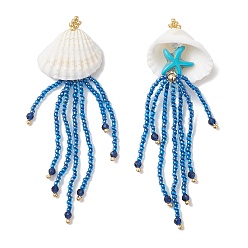 Темно-Синий Большие подвески в виде медуз из синтетической бирюзы и голубой шпинели в виде морских звезд и стеклянных бусин, с ракушкой и золотыми латунными бусинами, темно-синий, 82x26.5x12 мм, отверстие : 1 мм
