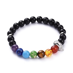 Obsidian Chakra-Schmuck, natürlichen Obsidian Stretch-Armbänder, mit Edelsteinperlen, Schädel Messing Micro Pave Zirkonia Perlen und Messing Spacer Perlen, Innendurchmesser: 2-1/8 Zoll (5.3 cm)