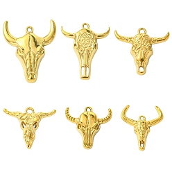 Golden 6Pcs 6 Styles 304 Stainless Steel Pendants, Cattle Charm, Golden, 18.5~29x19~24.5x3.5~5mm, Hole: 1~1.8mm, 1pc/style