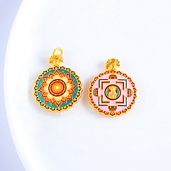 Разноцветный Латуни кулон, с эмалью, плоский круг с рисунком мандалы, золотые, красочный, 33.5x27 мм, отверстие : 5 мм