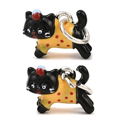 Noir Alliage avec breloques en émail, breloques en forme de chat, plaqué longue durée, crémaillère plaquage, argenterie, noir, 10x15x7.5mm, Trou: 5.5mm