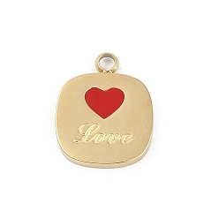 Настоящее золото 18K 304 из нержавеющей стали шармы эмали, квадрат с сердечком и надписью «любовь», ионное покрытие (ip), реальный 18 k позолоченный, 12.5x10x1.4 мм, отверстие : 1.4 мм