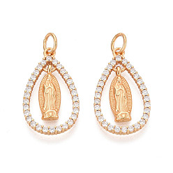 Настоящее золото 24K 925 религиозные подвески из стерлингового серебра с микропаве из прозрачных кубических цирконий, слезинка с чарами Девы Марии, с соединительным кольцом и 925 штампом, реальный 24 k позолоченный, 23.5x14x2 мм, отверстие : 4 мм