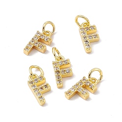 Letter F Real 18K Gold Plated Brass Micro Pave Clear Cubic Zirconia Charms, with Jump Ring, Letter.F, 11x6x2.5mm, Hole: 3.4mm