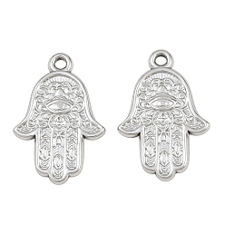 Stainless Steel Color 304 Stainless Steel Pendants, Hamsa Hand with Floral Pattern Charms, Stainless Steel Color, 27x18x2mm, Hole: 2mm