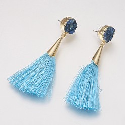 Sky Blue Tassel Dangle Stud Earrings, with Brass Findings and Dyed Natural Druzy Crystal, Sky Blue, 72~76mm, Pin: 0.8mm, Pendant: 60~63x7mm