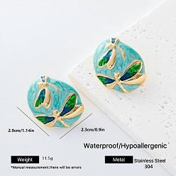 Golden 304 Stainless Steel Enamel Stud Earrings for Women, Nuggets with Dragonfly, with Resin, Golden, 29x23mm
