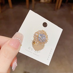 Прозрачный Специальные латунные кольца с кубическим цирконием, цветок, прозрачные, внутренний диаметр: 16~19 мм