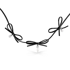 Black Imitation Leather Bowknot Choker Necklaces with Imitation Pearl, Black, 12.60 inch(32cm)