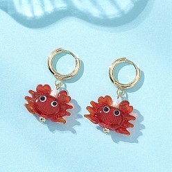 Красный Серьги-кольца ручной работы в технике лэмпворк с изображением краба, с 201 фурнитурой для сережек-колец Huggie Hoop из нержавеющей стали, золотые, красные, 37.5x23~23.5 мм