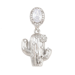Платина Латунные микропаве прозрачные подвески с фианитом, кактус прелести, без кадмия и без свинца, стойки покрытие, долговечный, платина, 31 мм