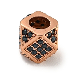 Rose Gold Brass Micro Pave Black Cubic Zirconia Beads, Polygon, Rose Gold, 7x7x7mm, Hole: 3.5mm