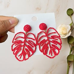 Малиновый Серьги-гвоздики из железной рафии, лист, золотой свет, с 316 штифтов из нержавеющей стали, малиновый, 70x45 мм