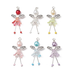 (52) Непрозрачная лаванда Акриловые подвески, с бусинами из сплава и стеклянными перламутровыми бусинами, ангел, с целью перехода в кольце, разноцветные, 46x23.5x16.5 мм, отверстие : 3.6 мм, 6 шт / комплект