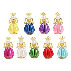 Золотой Абс пластмассовые жемчужные подвески, ангел, с железной петлей и сплавными бусинами-бабочками, стеклянным жемчугом и стеклянными бусинами, золотые, 40x21x20 мм, отверстие : 3 мм