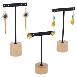 Черный 3 наборы 3 стили железные подставки для сережек с Т-образной планкой, с деревянными основаниями, чёрные, 4x7.5~7.6x12~16.8 см, 1 набор / стиль