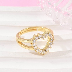 Сердце Латунные микро проложить манжеты кольца кубического циркония, золотые, сердце, 12.5x13 мм, размер США 6 1/2 (16.9 мм)