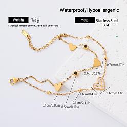 Heart 304 Stainless Steel Natural White Shell Link 2-Strand Bracelets for Women, Golden, Heart, 6.69 inch(17cm)