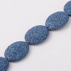 Blau Natürliche Lavasteinperlenstränge, gefärbt, Flachoval, Blau, 32~33x24~25x7.5~9 mm, Bohrung: 2 mm, ca. 12 Stk. / Strang, 16 Zoll