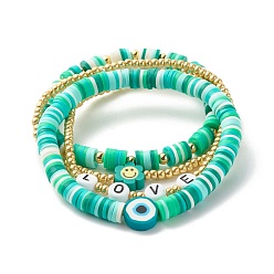 Бирюза Набор браслетов хейши ручной работы из полимерной глины, браслеты из акриловых бусин со словами любви, улыбающееся лицо и бусы от сглаза счастливые браслеты, браслеты из латунных круглых бусин для женщин, золотые, бирюзовые, внутренний диаметр: 1-7/8~2 1/8 дюйм (4.8~5.3 см), 4 шт / комплект