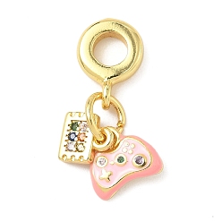 Pink Латунные эмалированные европейские подвески с подвесками, игровой контроллер с цветным кубическим цирконием, золотые, стойки покрытие, долговечный, без кадмия и без свинца, розовые, 24 мм, отверстие : 4.5 мм
