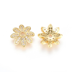 Золотой Латунь микро проложить кубический цирконий шарик, 8-лепесток, цветок, прозрачные, золотые, 11x4 мм, отверстие : 1.6 мм