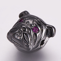 Gunmetal Brass Micro Pave Cubic Zirconia Puppy Beads, Bulldog Head, Gunmetal, 12x13x10.5mm, Hole: 2mm