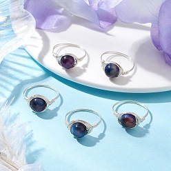 Серебро Круглые натуральные радужные кольца с тигровым глазом, кольца из медной проволоки, серебряные, внутренний диаметр: 18.5~19.5 мм