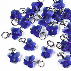 Blue Faceted Transparent Glass Charms, with Iron Jump Ring, Butterfly, Blue, 13~14x9.8x6mm, Hole: 4mm