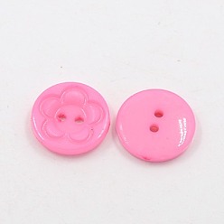 Pink Acrylic Sewing Buttons for Clothes Design, Plastic Buttons, 2-Hole, Dyed, Flat Round with Flower Pattern, Pink, 16x3mm, Hole: 1mm