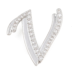 Letter V Pendentifs en laiton zircon cubique transparent, charmes de lettre, plaqué longue durée, crémaillère plaquage, sans plomb et sans cadmium, platine, lettre v, 25x23x6.5mm, Trou: 3mm