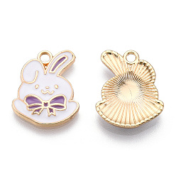 Средний Фиолетовый Экологически чистые подвески из цинкового сплава, с эмалью, без кадмия, без никеля и без свинца, кролик с бантом, золотой свет, средне фиолетовый, 20x15x2.5 мм, отверстие : 2 мм