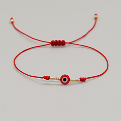 Red Vintage Evil Eye Miyuki Gold Beaded Braided Bracelets with Brass Beads for Women, Real 14K Gold Plated, Red, 11.02 inch(28cm)