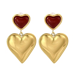 Настоящее золото 18K 304 серьги-гвоздики из нержавеющей стали с красным агатом, сердце, реальный 18 k позолоченный, 25.5x12 мм