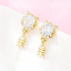 Прозрачный Латунь микро проложить кубический цирконий болтаться серьги стержня, форма кошки с рыбьей костью, долговечный, стойки покрытие, без свинца и без кадмия, реальный 18 k позолоченный, прозрачные, 19x9 мм