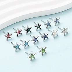 Платина Серьги-гвоздики с морскими звездами из латуни и эмали, с ракушками и булавками из стерлингового серебра, долговечный, без кадмия, без никеля и без свинца, платина, 9x9.5 мм